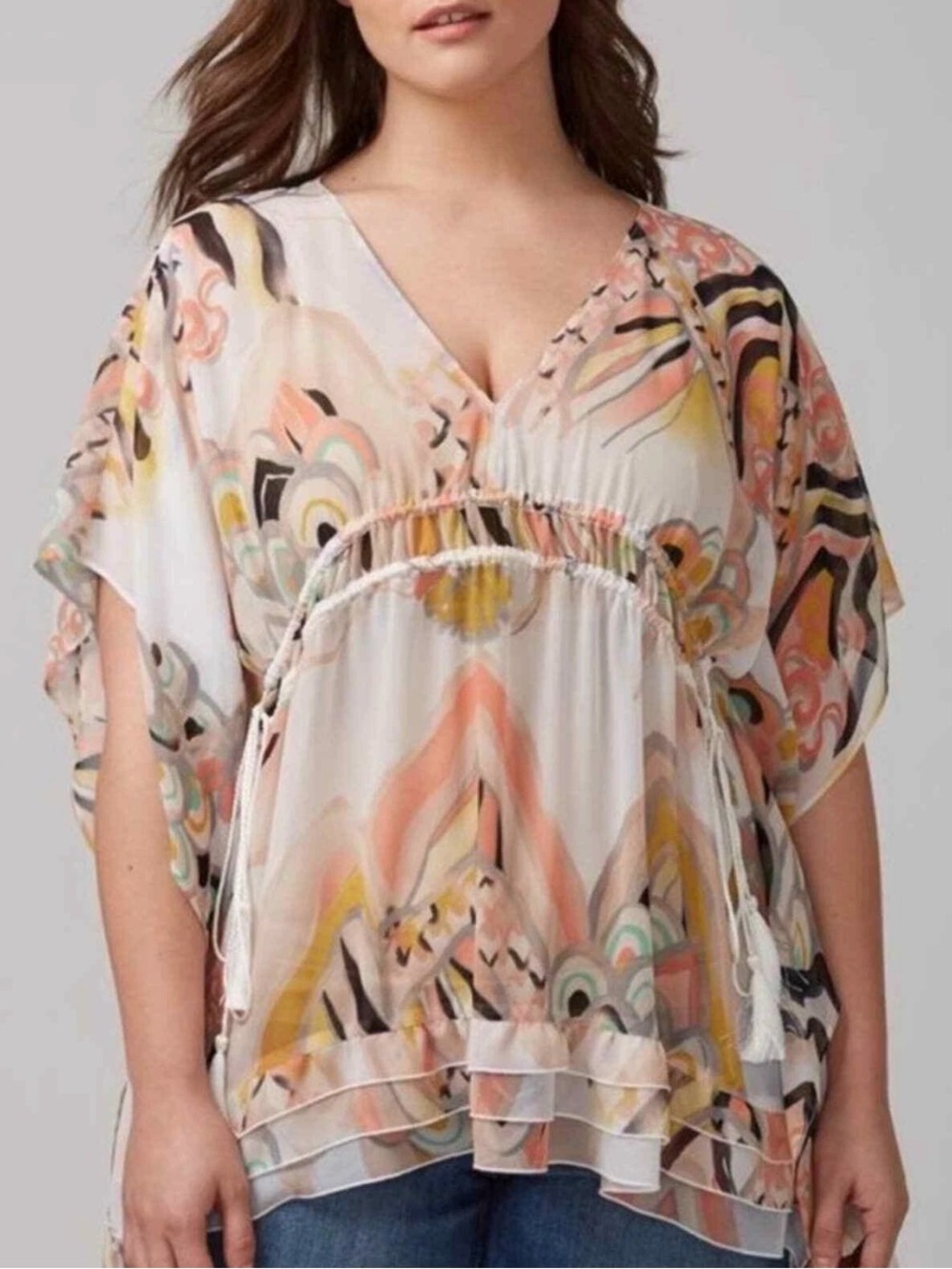 Lane Bryant White Multi V-Neck Watercolor Print Peasant Tunic